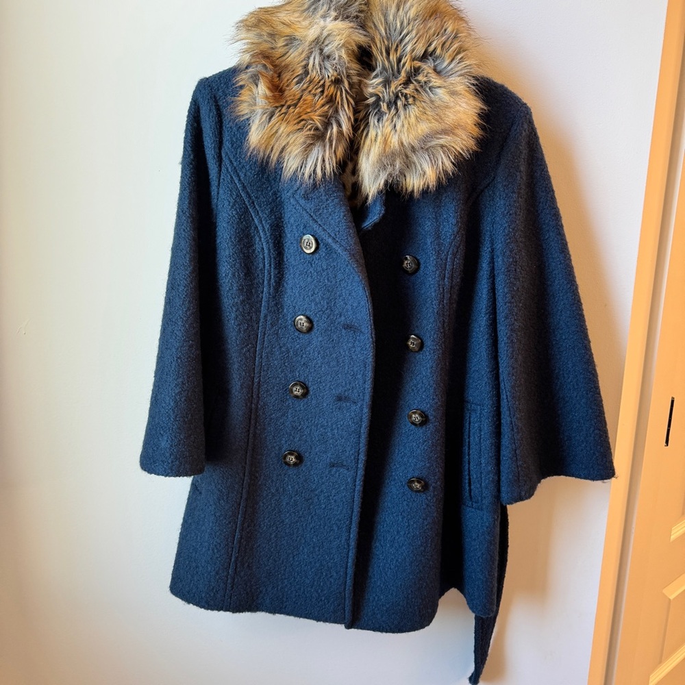 Laundry By Shelli Segal Navy Pea Coat with Faux Fur Collar